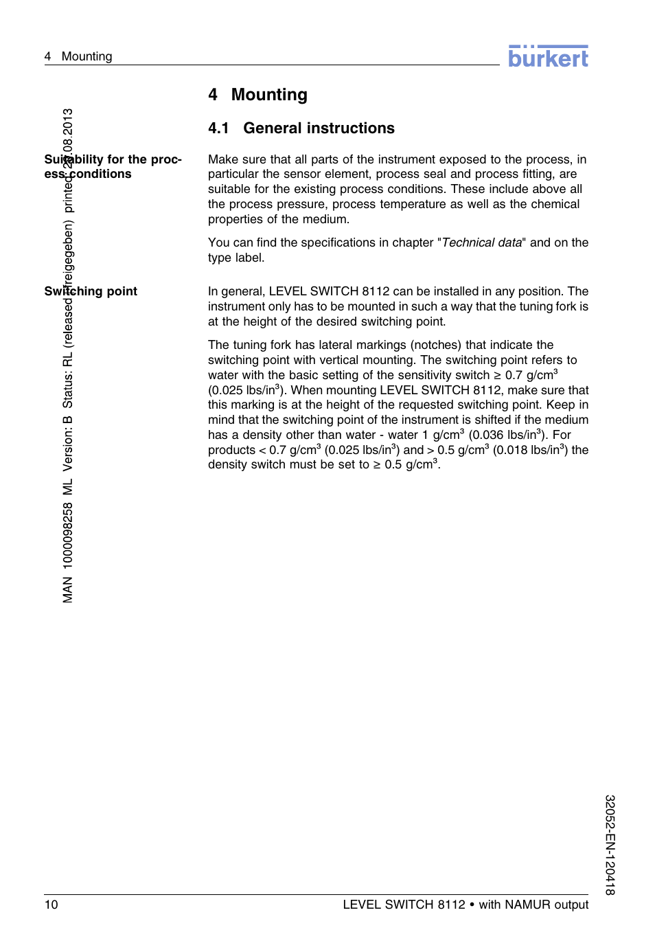 4 mounting, 1 general instructions, 4mounting | Burkert Type 8112 User Manual | Page 10 / 112