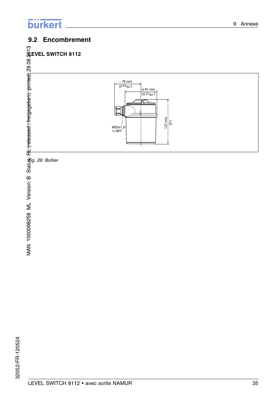 2 encombrement, Level switch 8112 | Burkert Type 8112 User Manual | Page 107 / 112