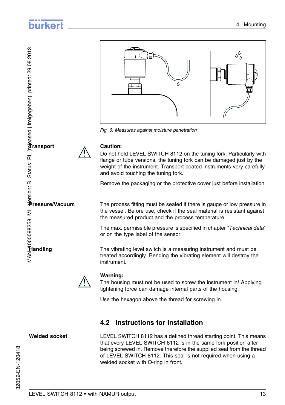 2 instructions for installation | Burkert Type 8112 User Manual | Page 13 / 112