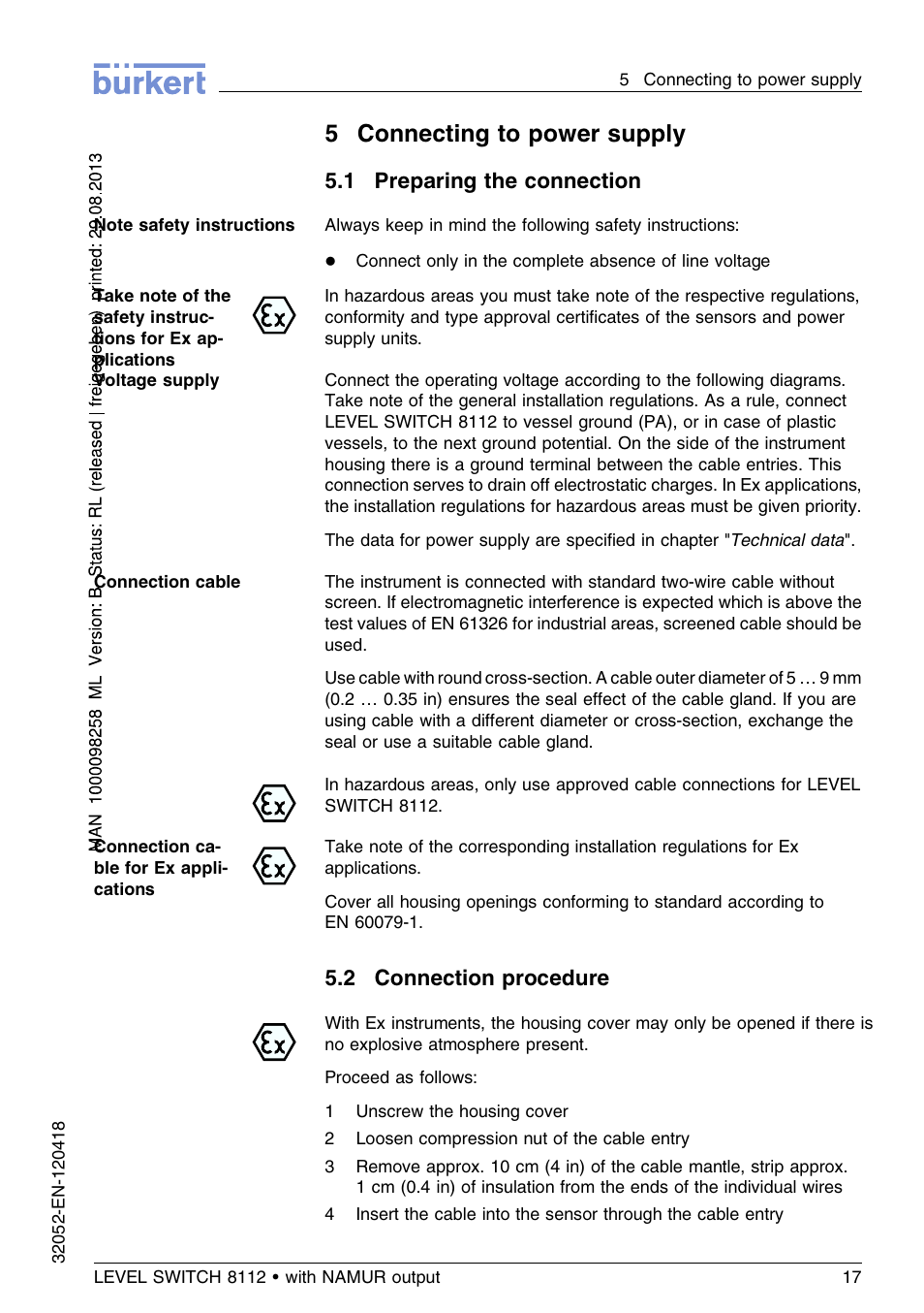 5 connecting to power supply, 1 preparing the connection, 2 connection procedure | 5connecting to power supply | Burkert Type 8112 User Manual | Page 17 / 112