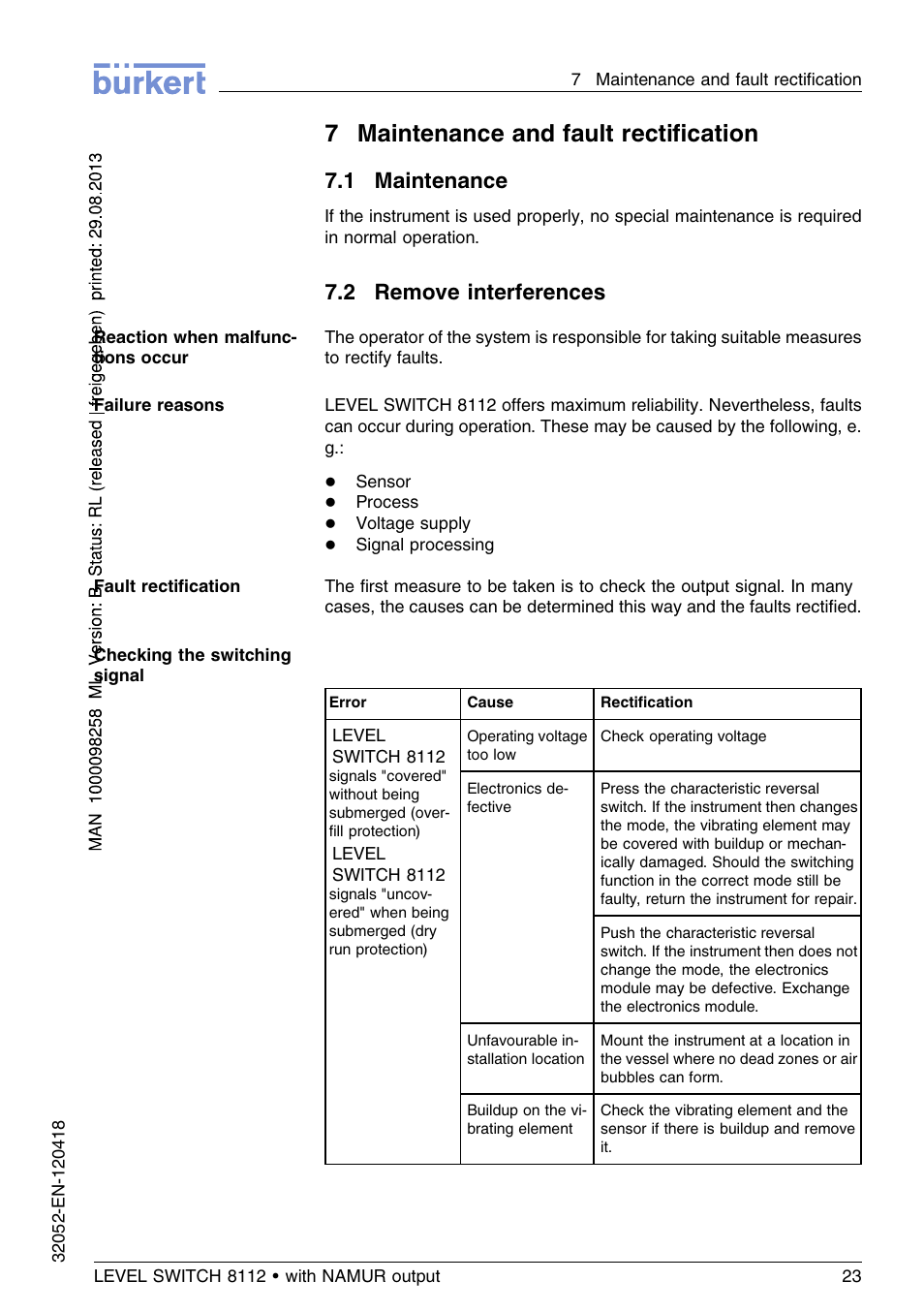 7 maintenance and fault rectification, 1 maintenance, 2 remove interferences | 7maintenance and fault rectiﬁcation | Burkert Type 8112 User Manual | Page 23 / 112