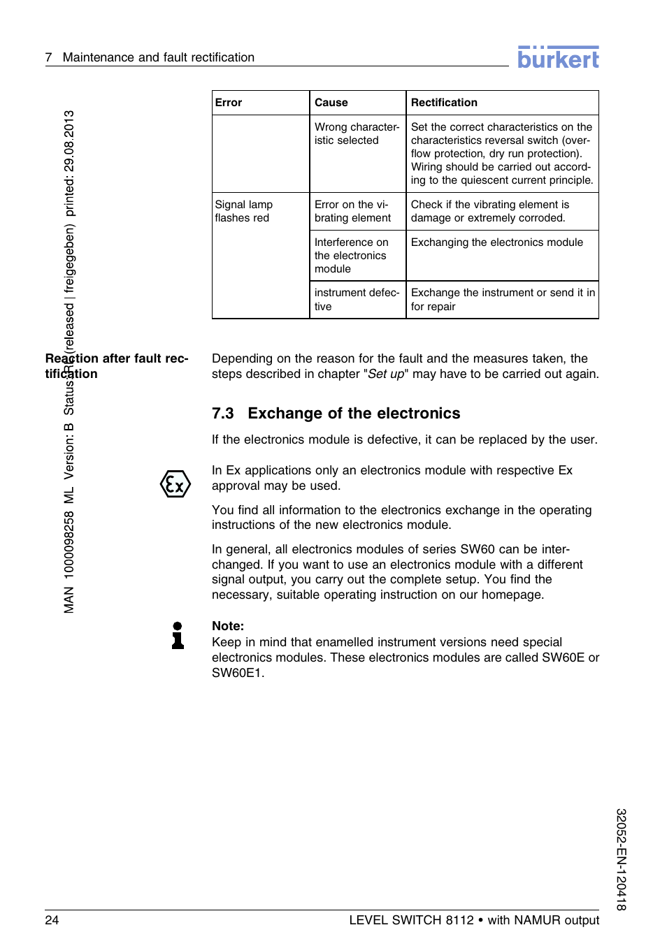 3 exchange of the electronics | Burkert Type 8112 User Manual | Page 24 / 112