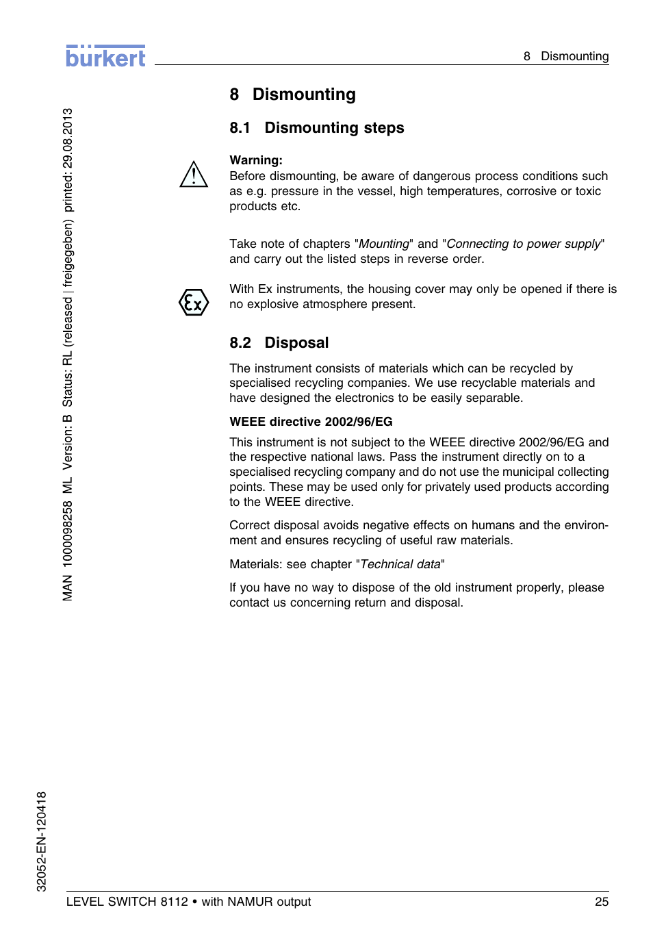 8 dismounting, 1 dismounting steps, 2 disposal | 8dismounting | Burkert Type 8112 User Manual | Page 25 / 112