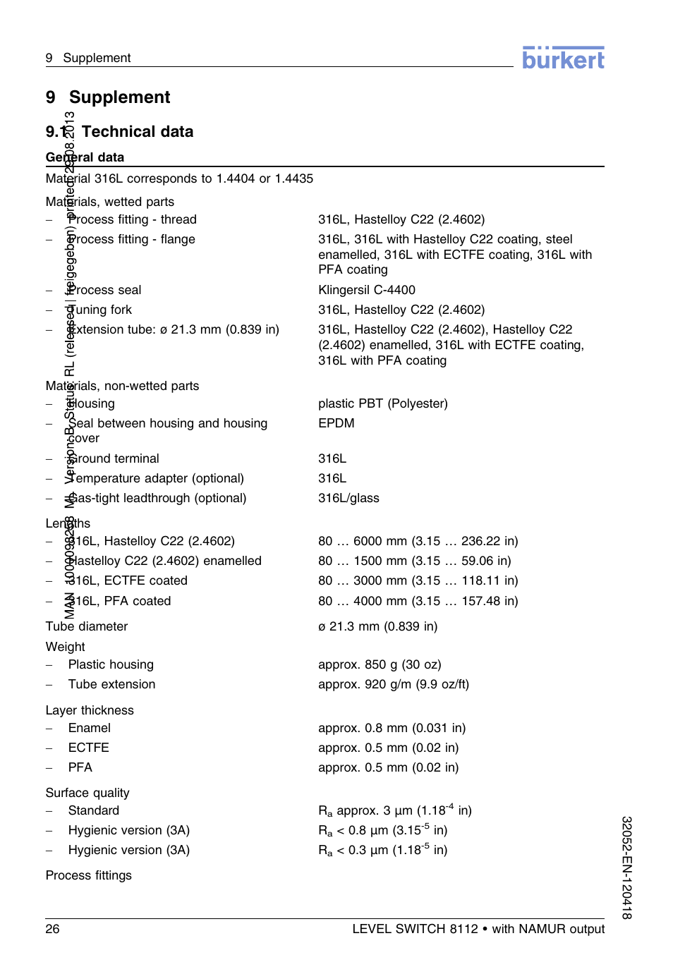 9 supplement, 1 technical data, 9supplement | Burkert Type 8112 User Manual | Page 26 / 112