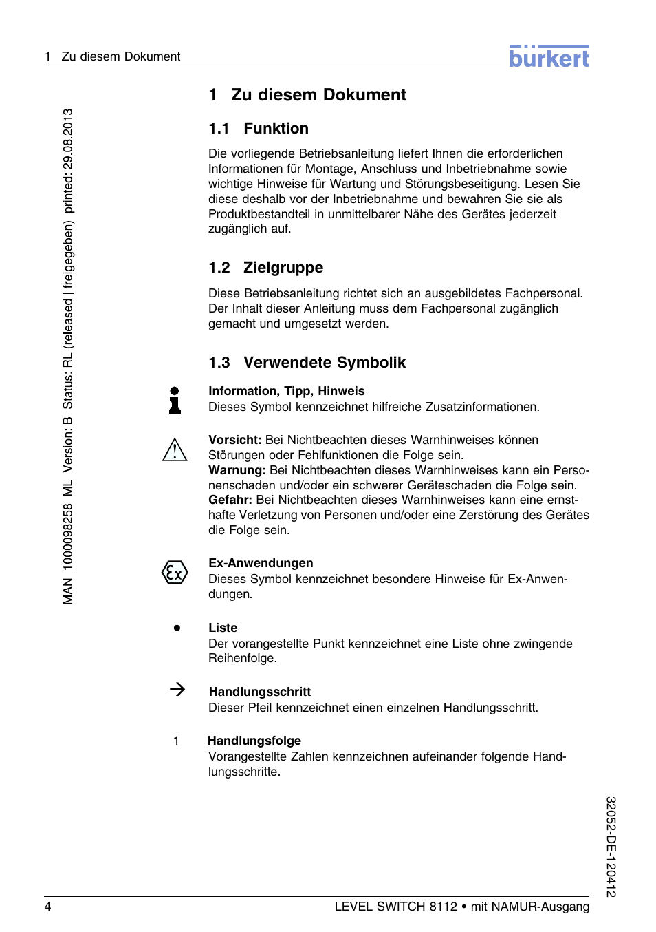 1 funktion, 2 zielgruppe, 3 verwendete symbolik | 1zu diesem dokument | Burkert Type 8112 User Manual | Page 40 / 112