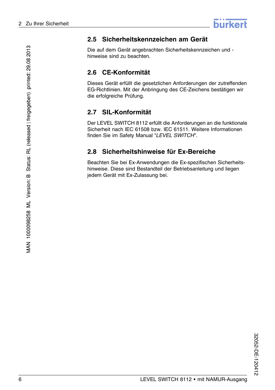 5 sicherheitskennzeichen am gerät, 6 ce–konformität, 7 sil–konformität | 8 sicherheitshinweise für ex–bereiche | Burkert Type 8112 User Manual | Page 42 / 112