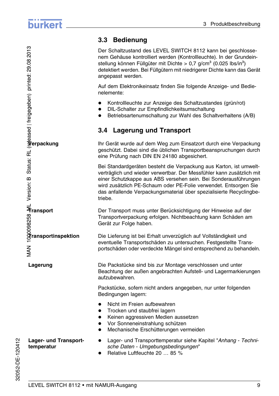 3 bedienung, 4 lagerung und transport | Burkert Type 8112 User Manual | Page 45 / 112