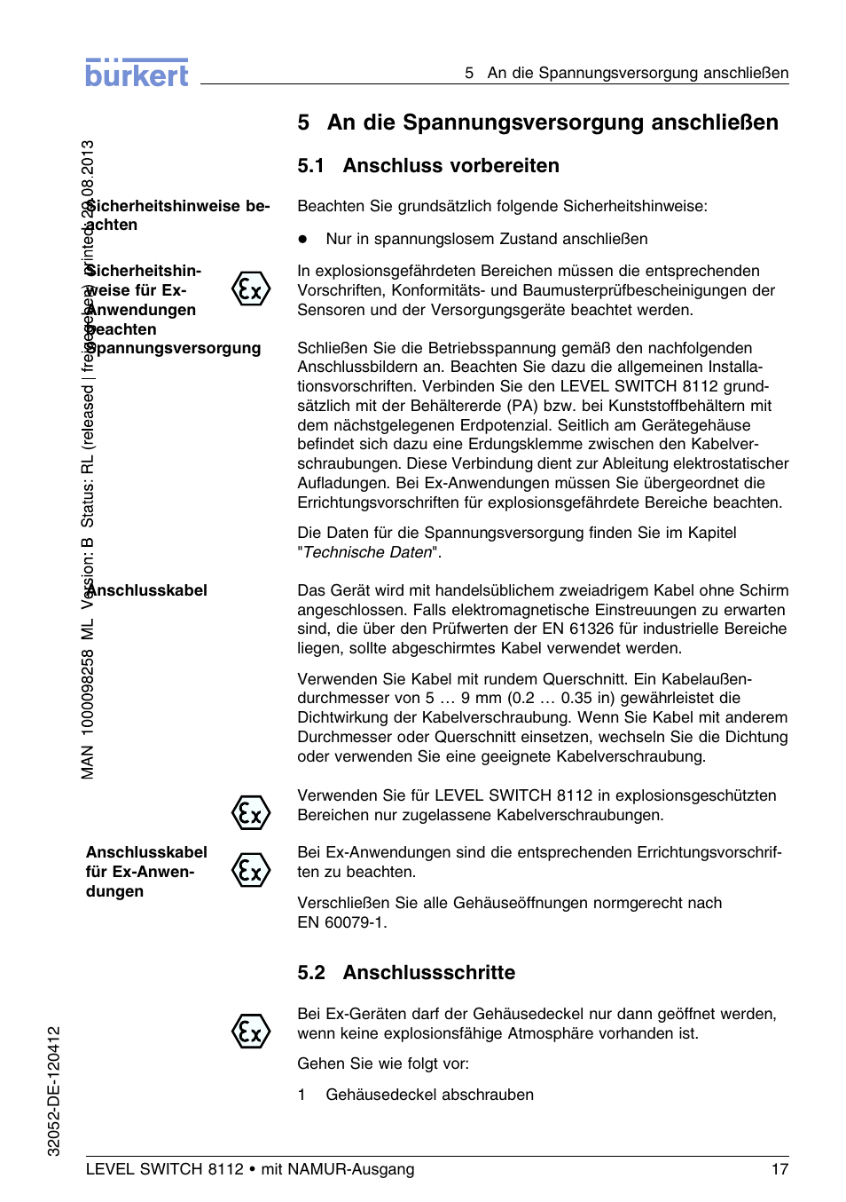 5 an die spannungsversorgung anschließen, 1 anschluss vorbereiten, 2 anschlussschritte | 5an die spannungsversorgung anschließen | Burkert Type 8112 User Manual | Page 53 / 112