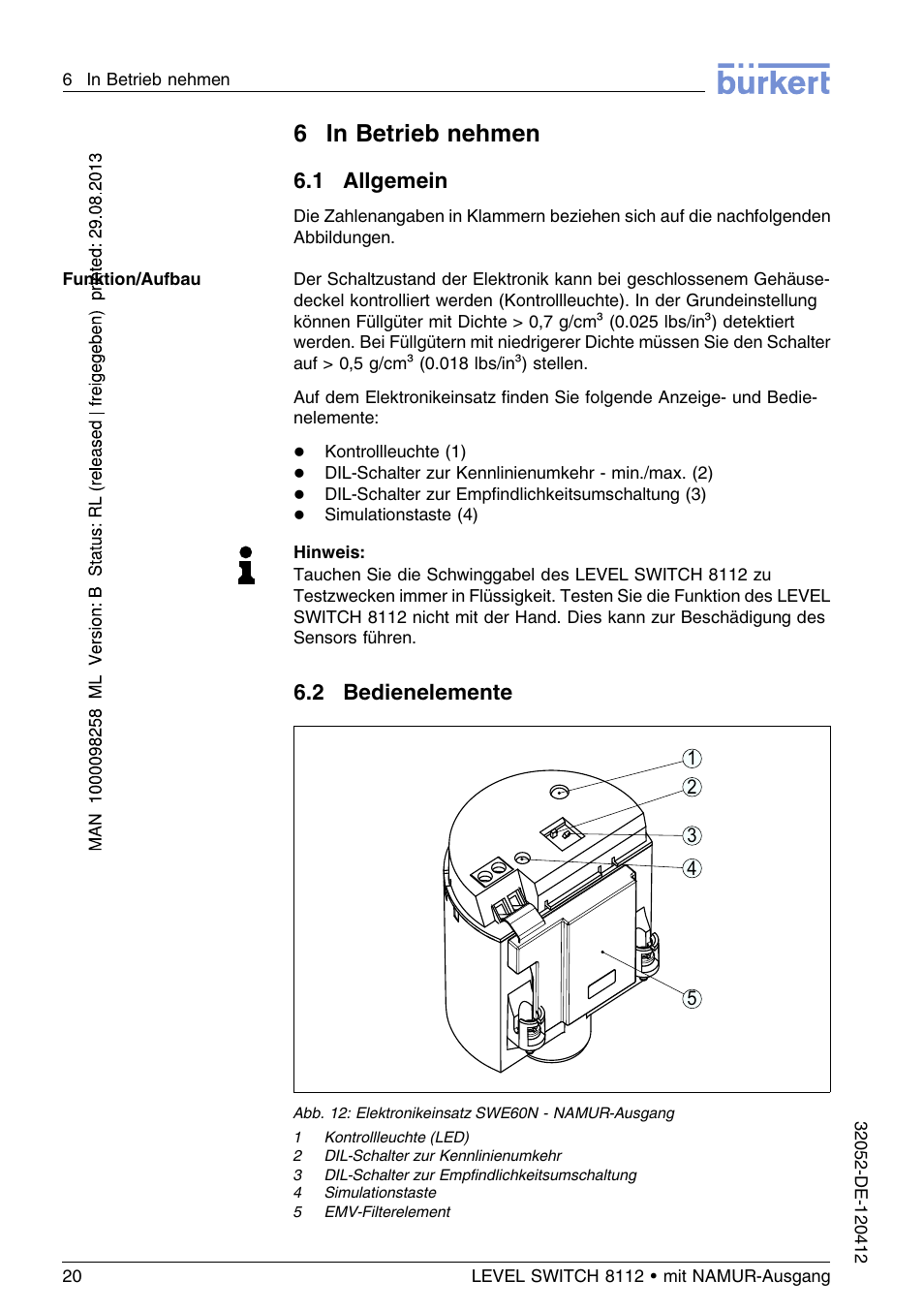 6 in betrieb nehmen, 1 allgemein, 2 bedienelemente | 6in betrieb nehmen | Burkert Type 8112 User Manual | Page 56 / 112