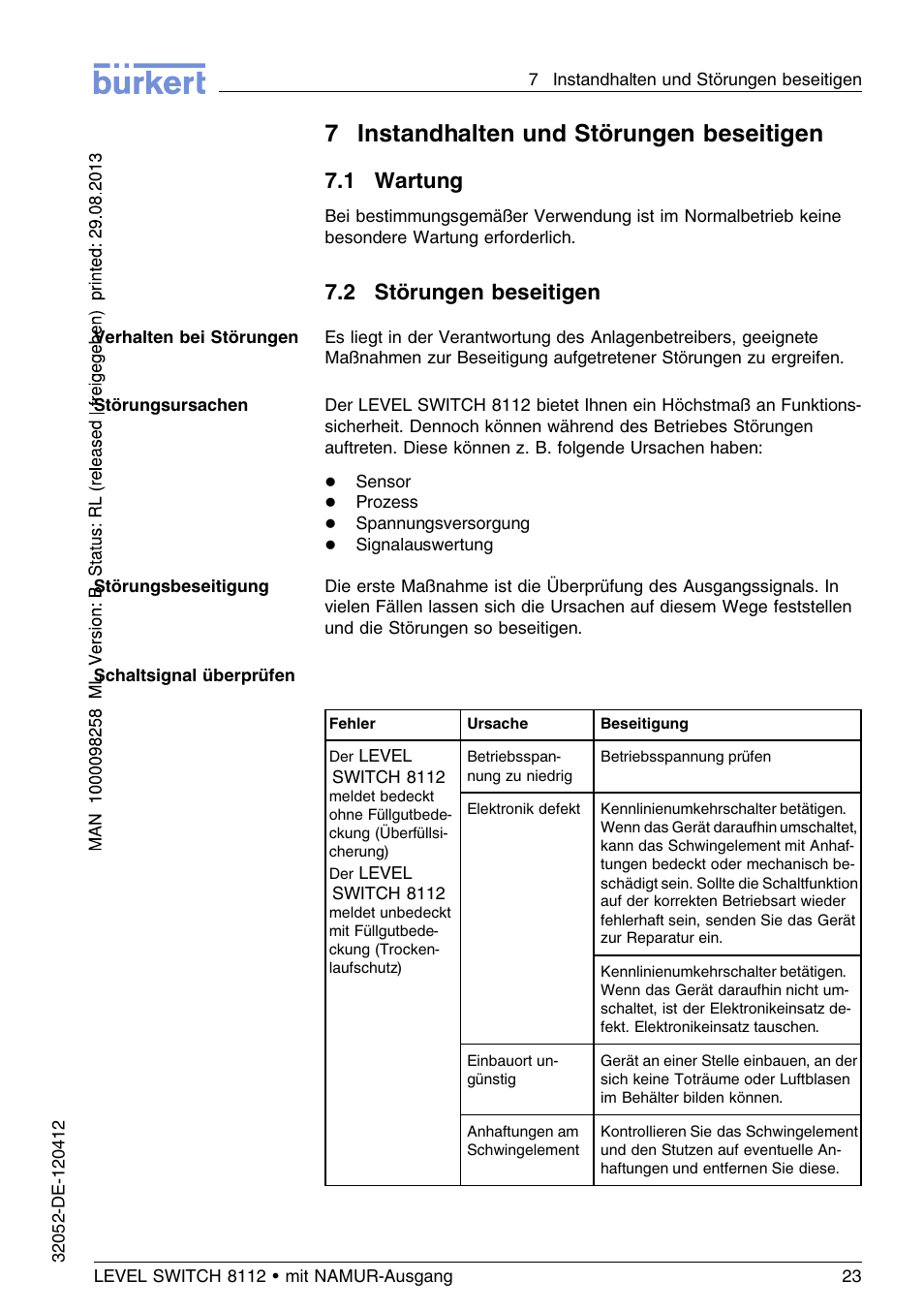 7 instandhalten und störungen beseitigen, 1 wartung, 2 störungen beseitigen | 7instandhalten und störungen beseitigen | Burkert Type 8112 User Manual | Page 59 / 112