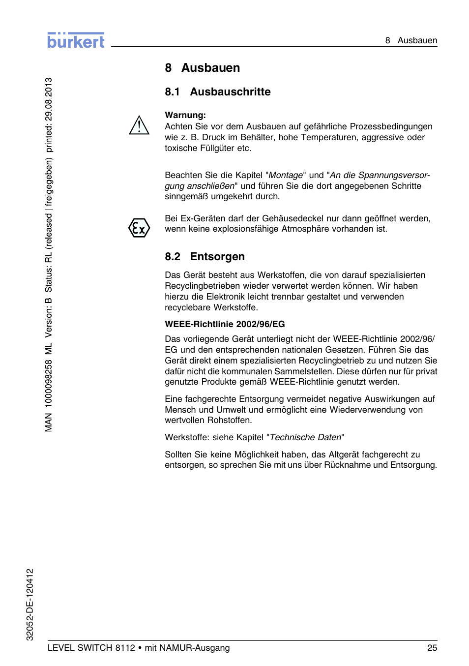 8 ausbauen, 1 ausbauschritte, 2 entsorgen | 8ausbauen | Burkert Type 8112 User Manual | Page 61 / 112