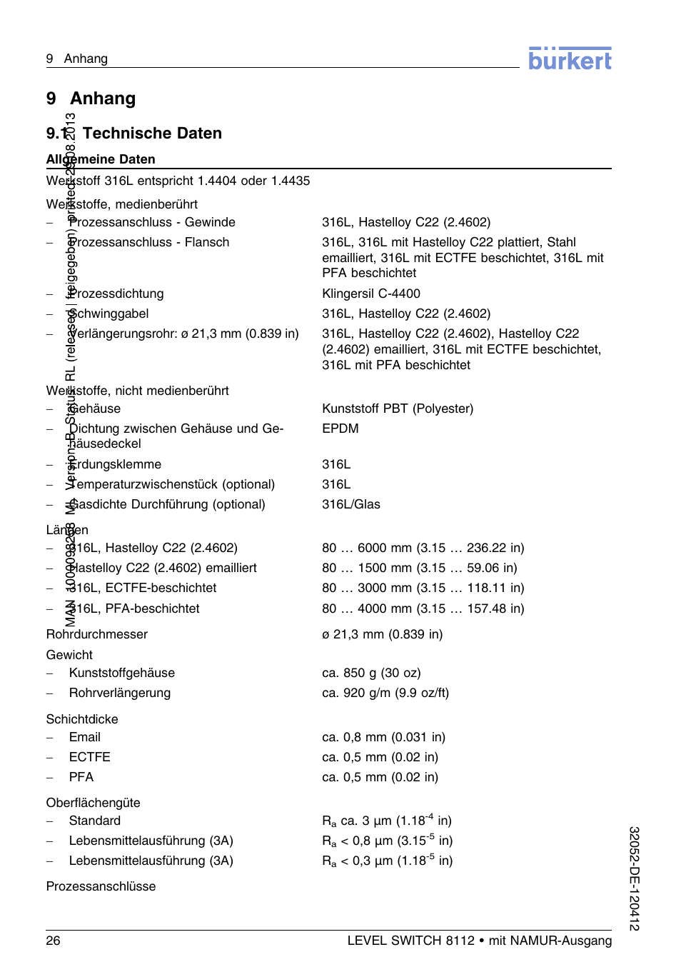 9 anhang, 1 technische daten, 9anhang | Burkert Type 8112 User Manual | Page 62 / 112