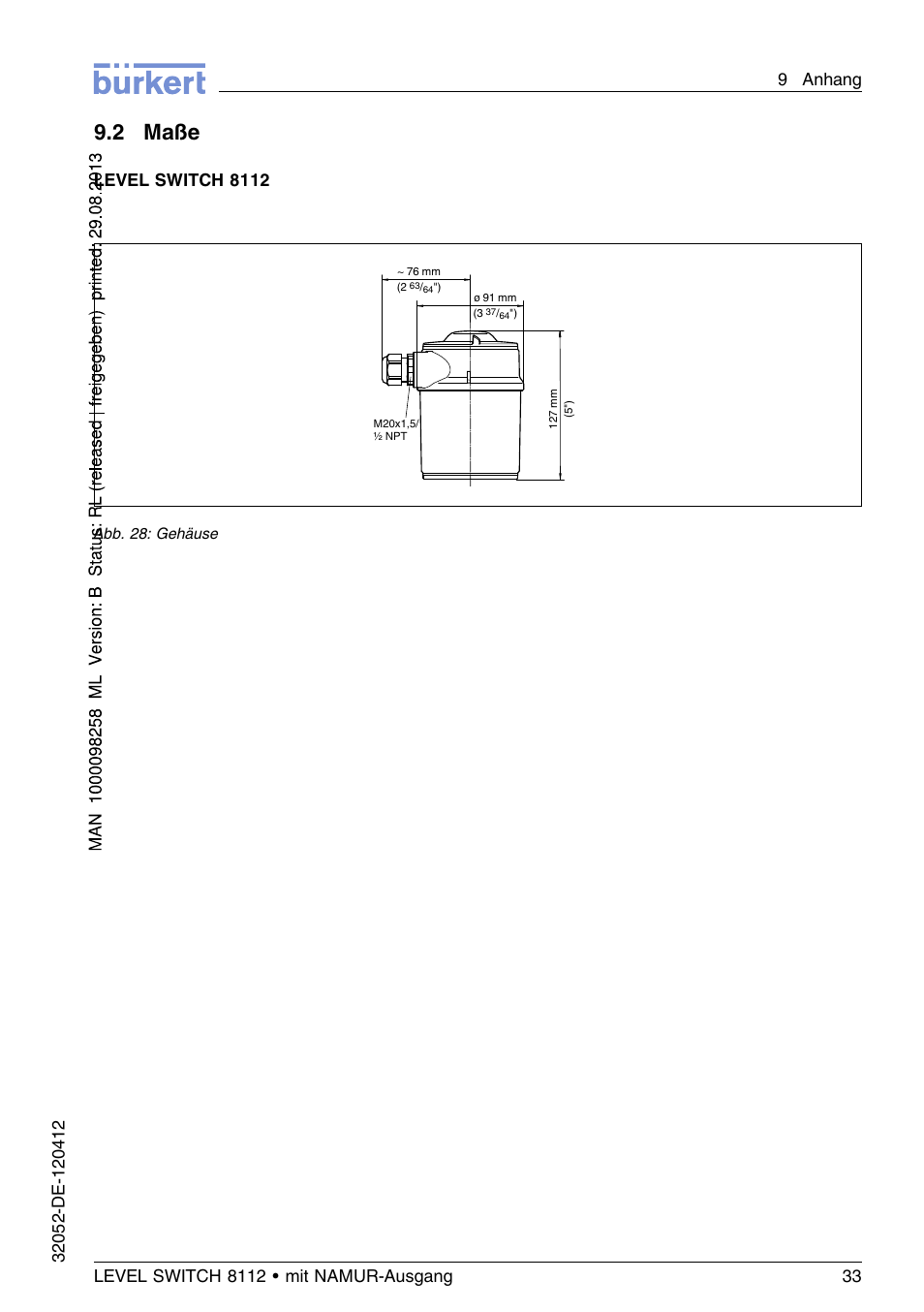 2 maße, Level switch 8112 | Burkert Type 8112 User Manual | Page 69 / 112