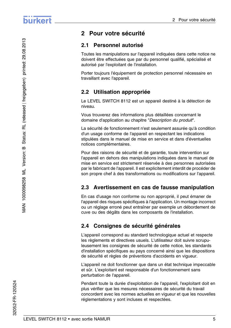 2 pour votre sécurité, 1 personnel autorisé, 2 utilisation appropriée | 3 avertissement en cas de fausse manipulation, 4 consignes de sécurité générales, 2pour votre sécurité | Burkert Type 8112 User Manual | Page 77 / 112