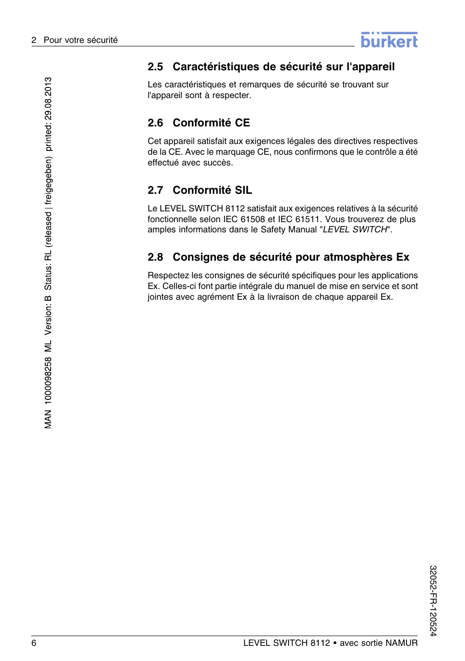 5 caractéristiques de sécurité sur l'appareil, 6 conformité ce, 7 conformité sil | 8 consignes de sécurité pour atmosphères ex | Burkert Type 8112 User Manual | Page 78 / 112