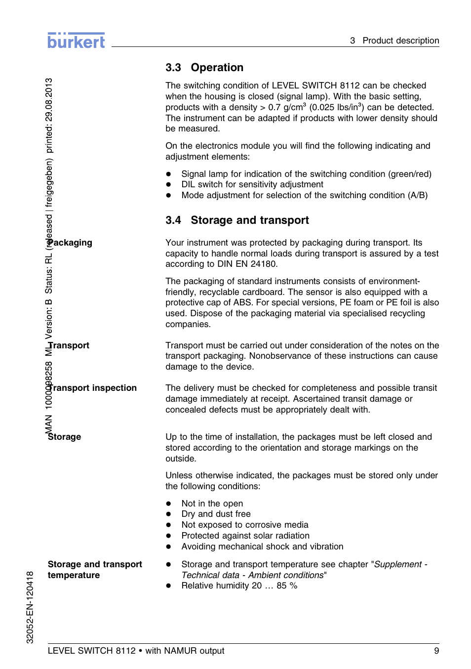 3 operation, 4 storage and transport | Burkert Type 8112 User Manual | Page 9 / 112