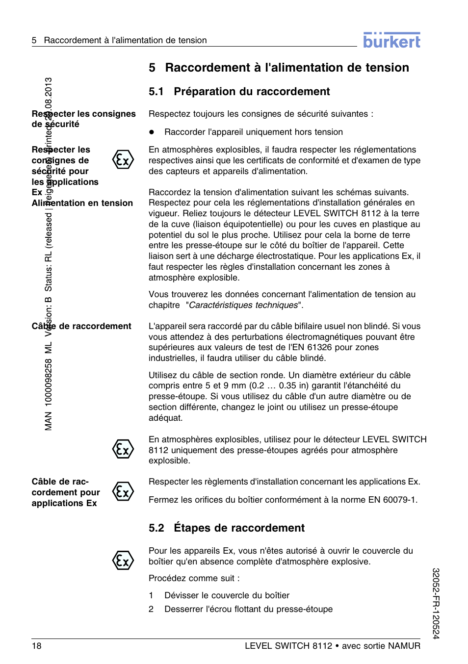5 raccordement à l'alimentation de tension, 1 préparation du raccordement, 2 étapes de raccordement | 5raccordement à l'alimentation de tension | Burkert Type 8112 User Manual | Page 90 / 112