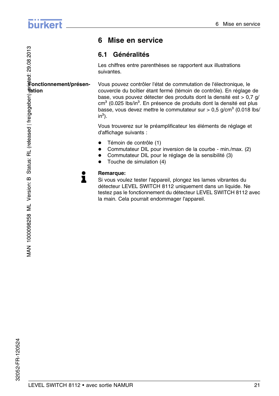6 mise en service, 1 généralités, 6mise en service | Burkert Type 8112 User Manual | Page 93 / 112