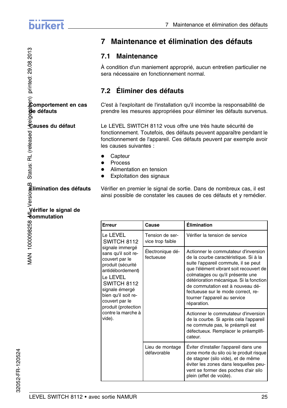 7 maintenance et élimination des défauts, 1 maintenance, 2 éliminer des défauts | 7maintenance et élimination des défauts | Burkert Type 8112 User Manual | Page 97 / 112