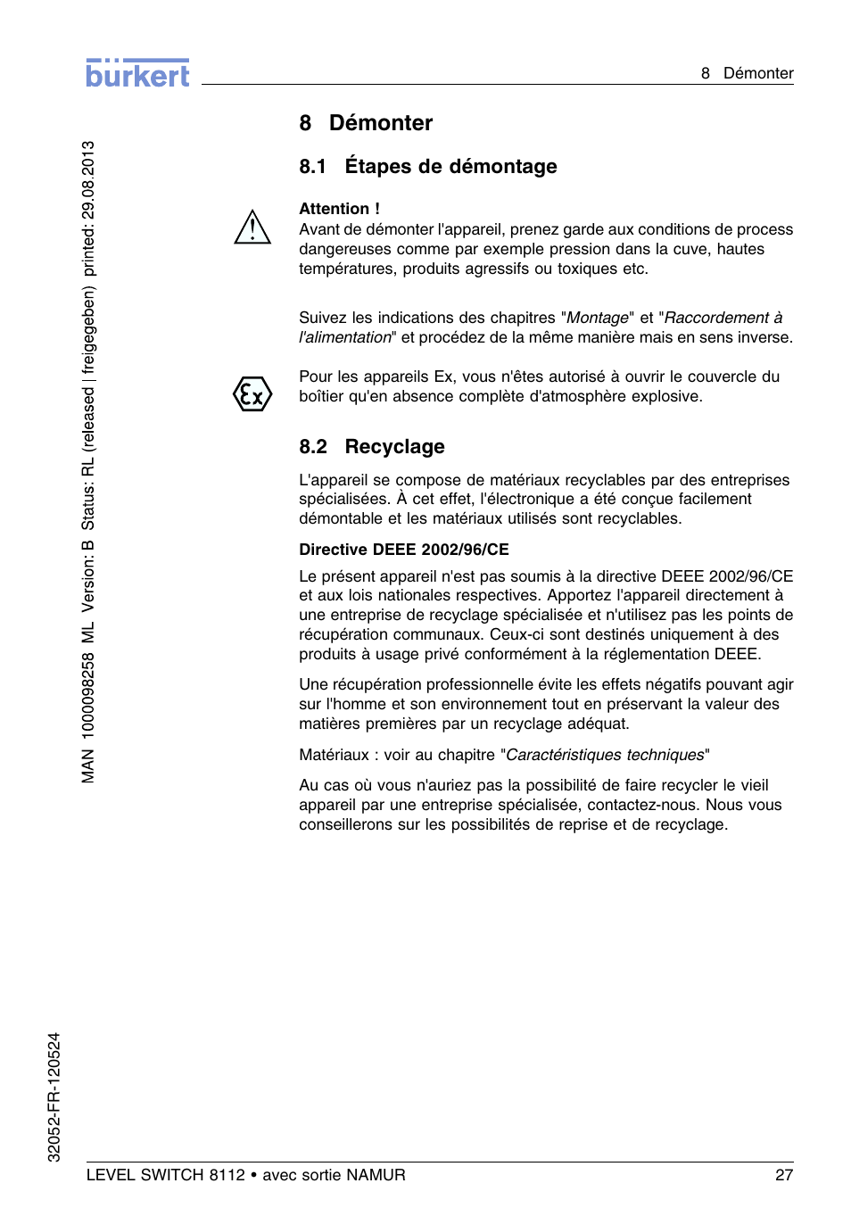 8 démonter, 1 étapes de démontage, 2 recyclage | 8démonter | Burkert Type 8112 User Manual | Page 99 / 112