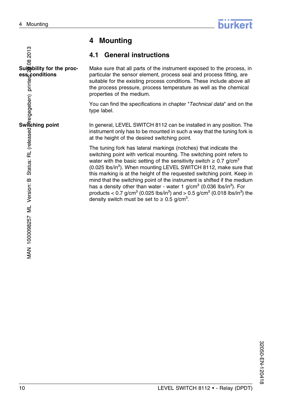 4 mounting, 1 general instructions, 4mounting | Burkert Type 8112 User Manual | Page 10 / 116