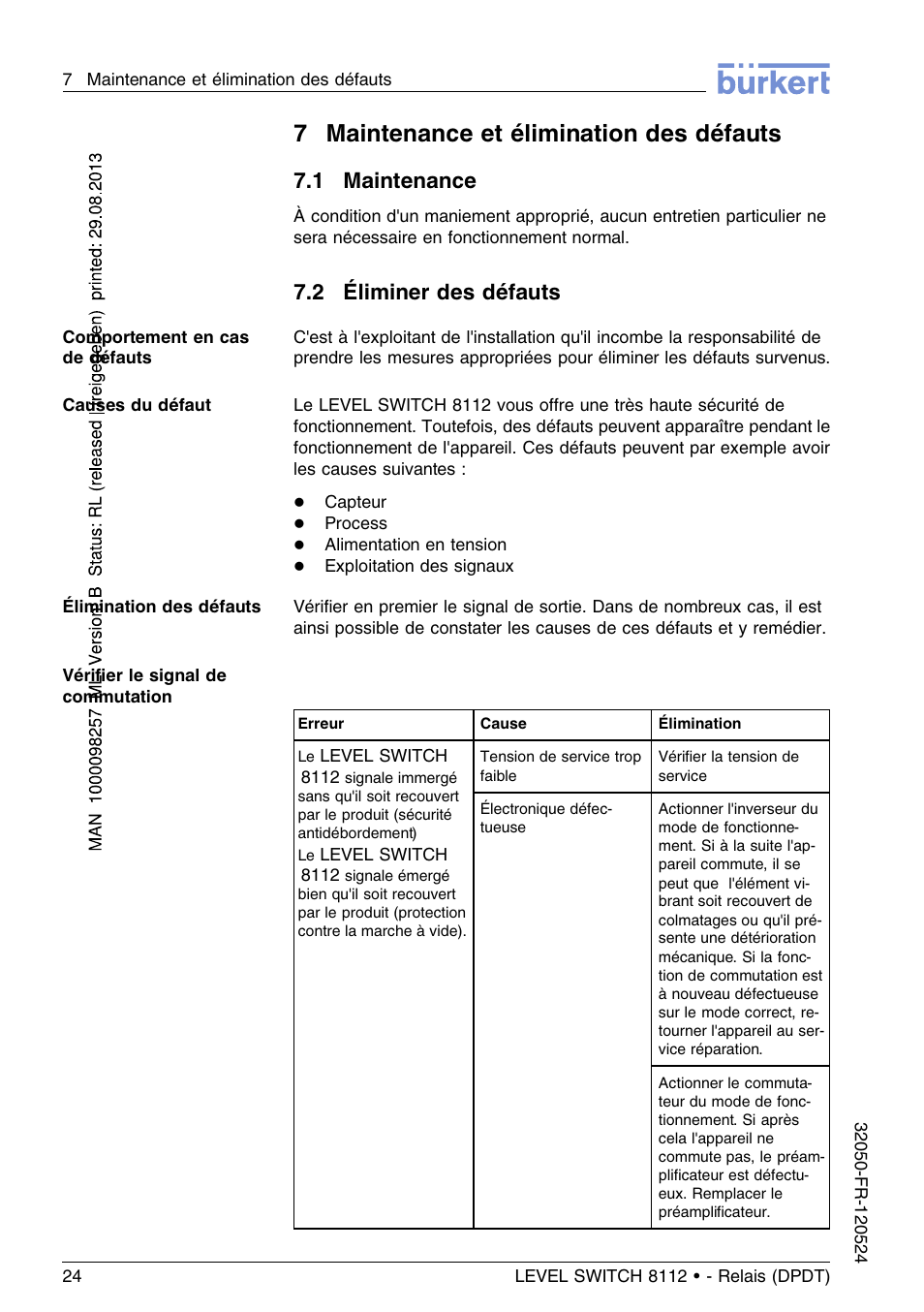 7 maintenance et élimination des défauts, 1 maintenance, 2 éliminer des défauts | 7maintenance et élimination des défauts | Burkert Type 8112 User Manual | Page 100 / 116