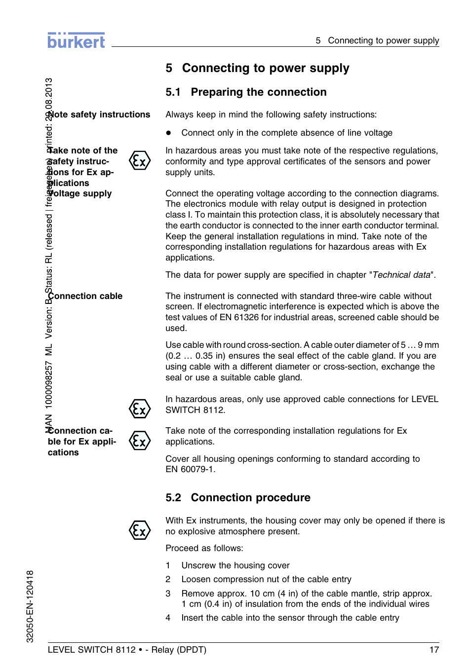 5 connecting to power supply, 1 preparing the connection, 2 connection procedure | 5connecting to power supply | Burkert Type 8112 User Manual | Page 17 / 116