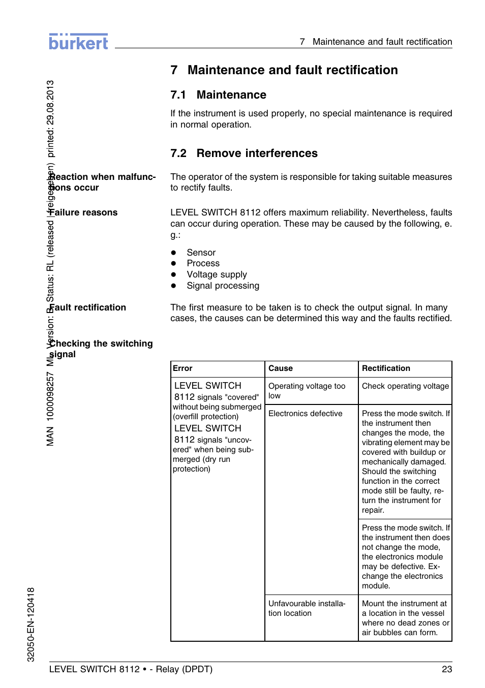 7 maintenance and fault rectification, 1 maintenance, 2 remove interferences | 7maintenance and fault rectiﬁcation | Burkert Type 8112 User Manual | Page 23 / 116