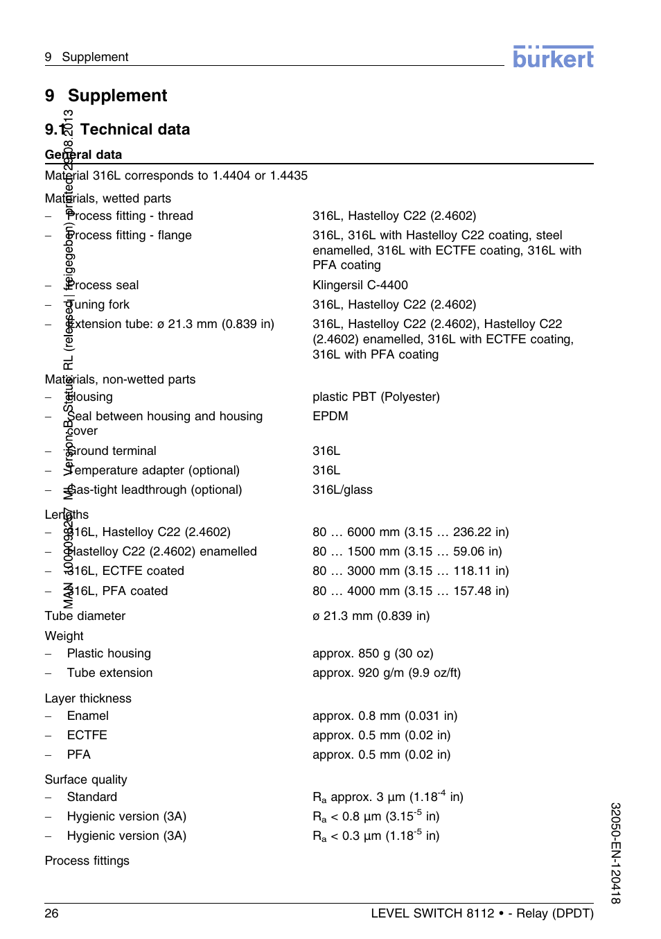 9 supplement, 1 technical data, 9supplement | Burkert Type 8112 User Manual | Page 26 / 116