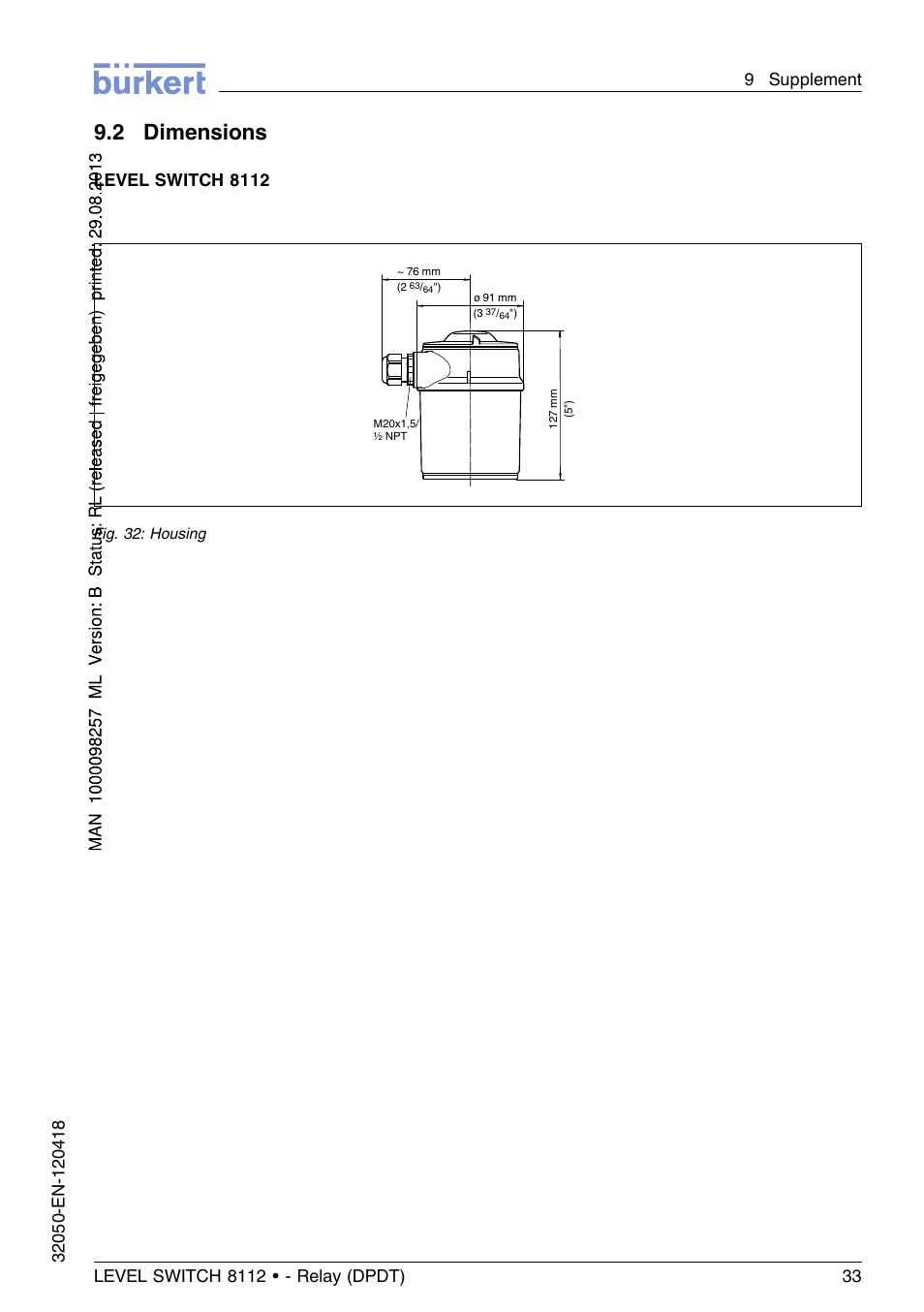 2 dimensions, Level switch 8112 | Burkert Type 8112 User Manual | Page 33 / 116