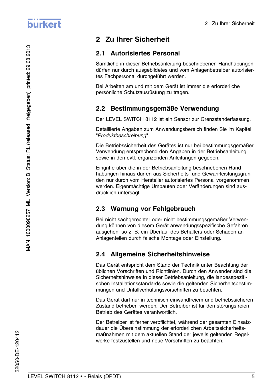 2 zu ihrer sicherheit, 1 autorisiertes personal, 2 bestimmungsgemäße verwendung | 3 warnung vor fehlgebrauch, 4 allgemeine sicherheitshinweise, 2zu ihrer sicherheit | Burkert Type 8112 User Manual | Page 41 / 116