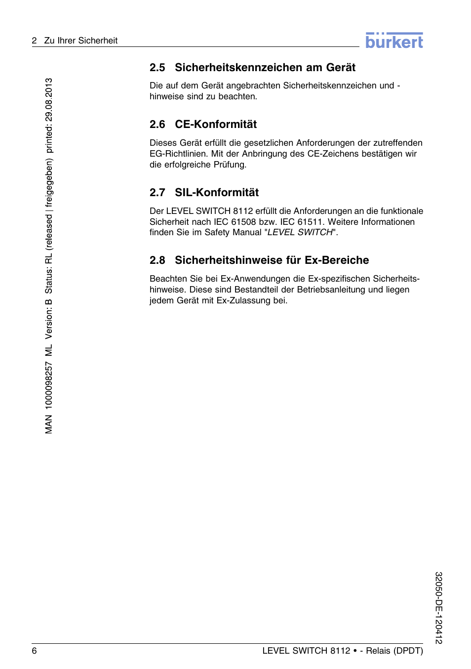 5 sicherheitskennzeichen am gerät, 6 ce–konformität, 7 sil–konformität | 8 sicherheitshinweise für ex–bereiche | Burkert Type 8112 User Manual | Page 42 / 116