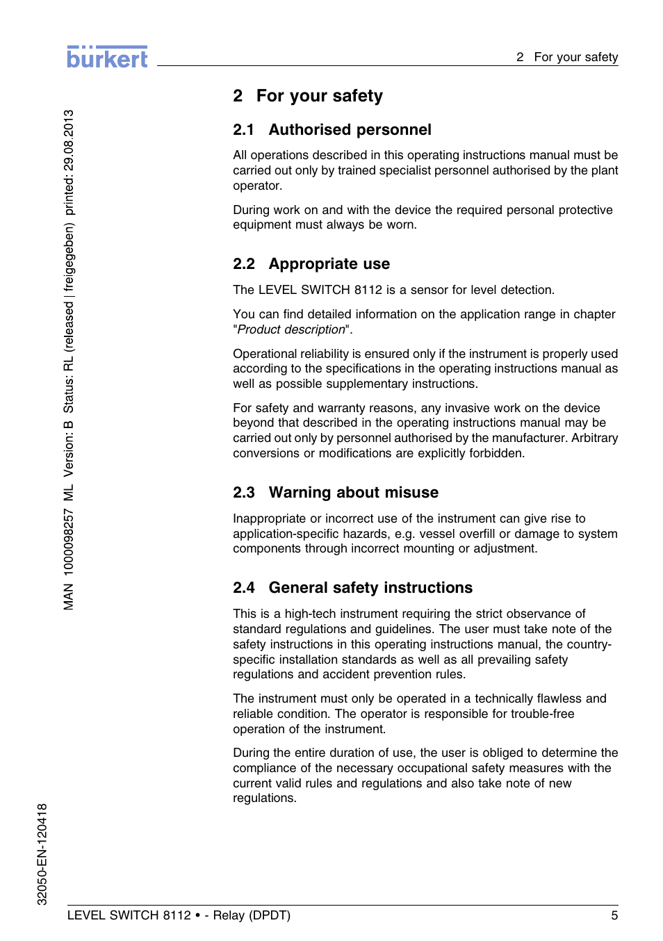 2 for your safety, 1 authorised personnel, 2 appropriate use | 3 warning about misuse, 4 general safety instructions, 2for your safety | Burkert Type 8112 User Manual | Page 5 / 116