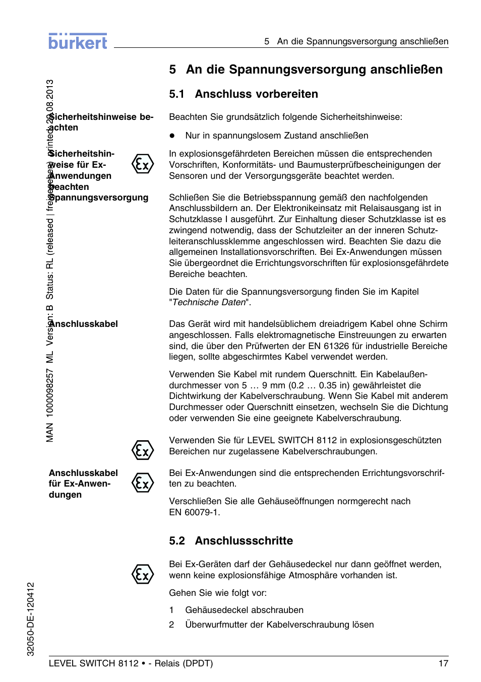 5 an die spannungsversorgung anschließen, 1 anschluss vorbereiten, 2 anschlussschritte | 5an die spannungsversorgung anschließen | Burkert Type 8112 User Manual | Page 53 / 116