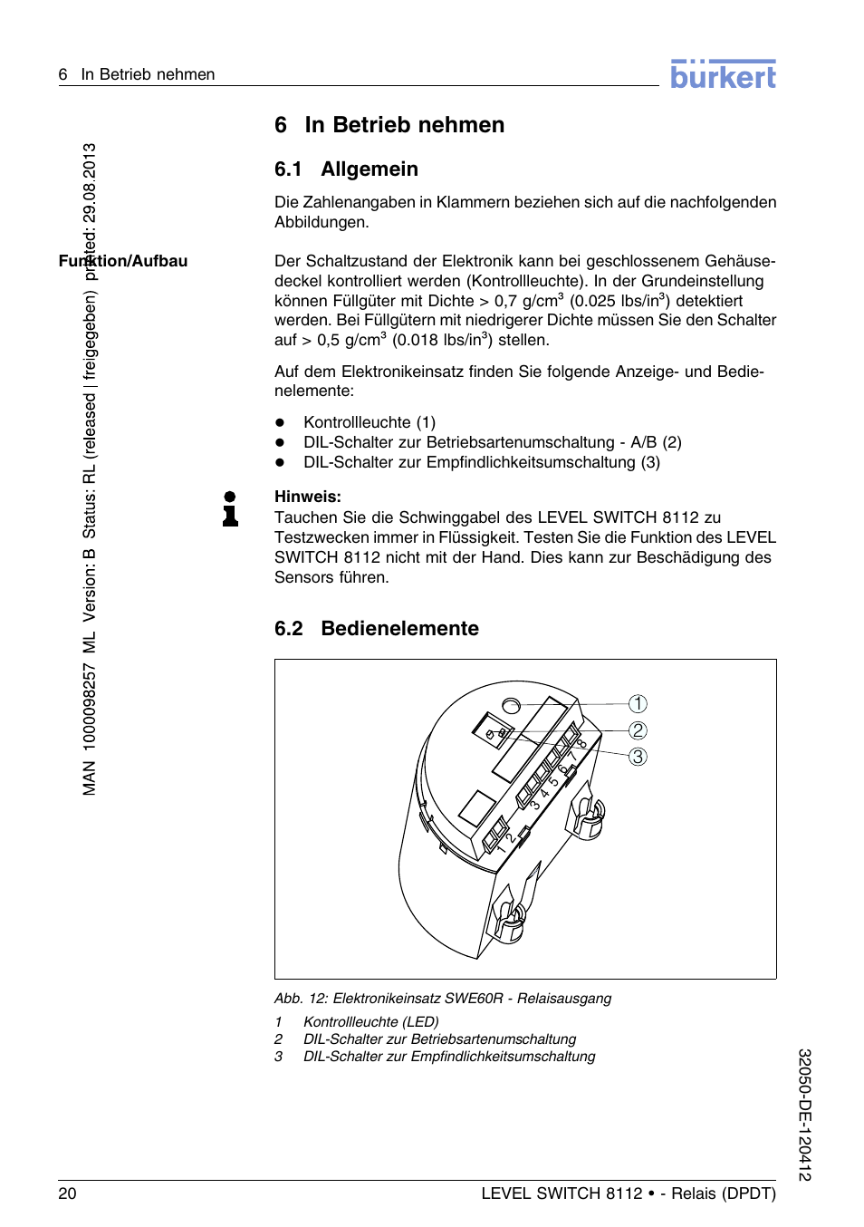 6 in betrieb nehmen, 1 allgemein, 2 bedienelemente | 6in betrieb nehmen | Burkert Type 8112 User Manual | Page 56 / 116