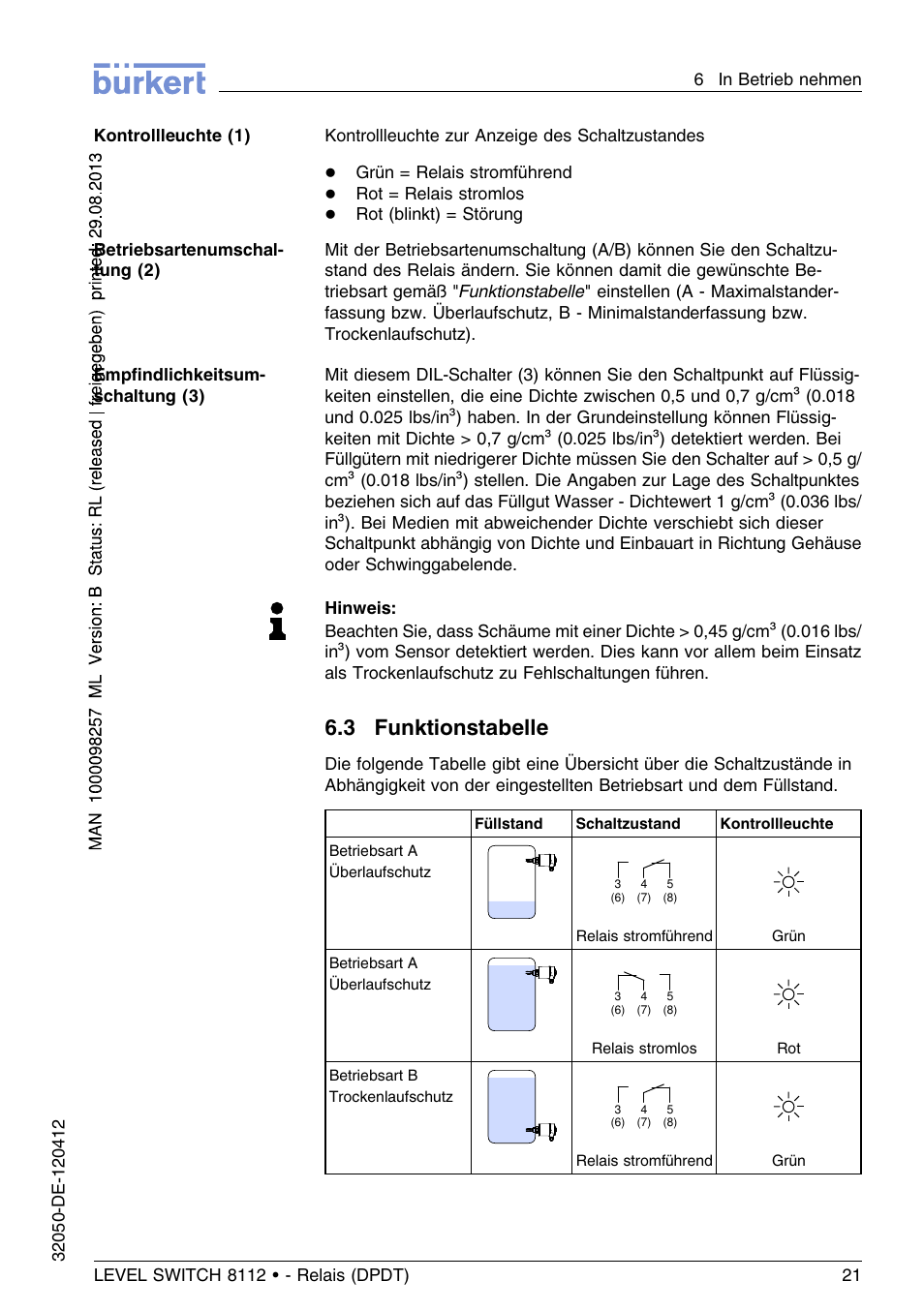 3 funktionstabelle | Burkert Type 8112 User Manual | Page 57 / 116