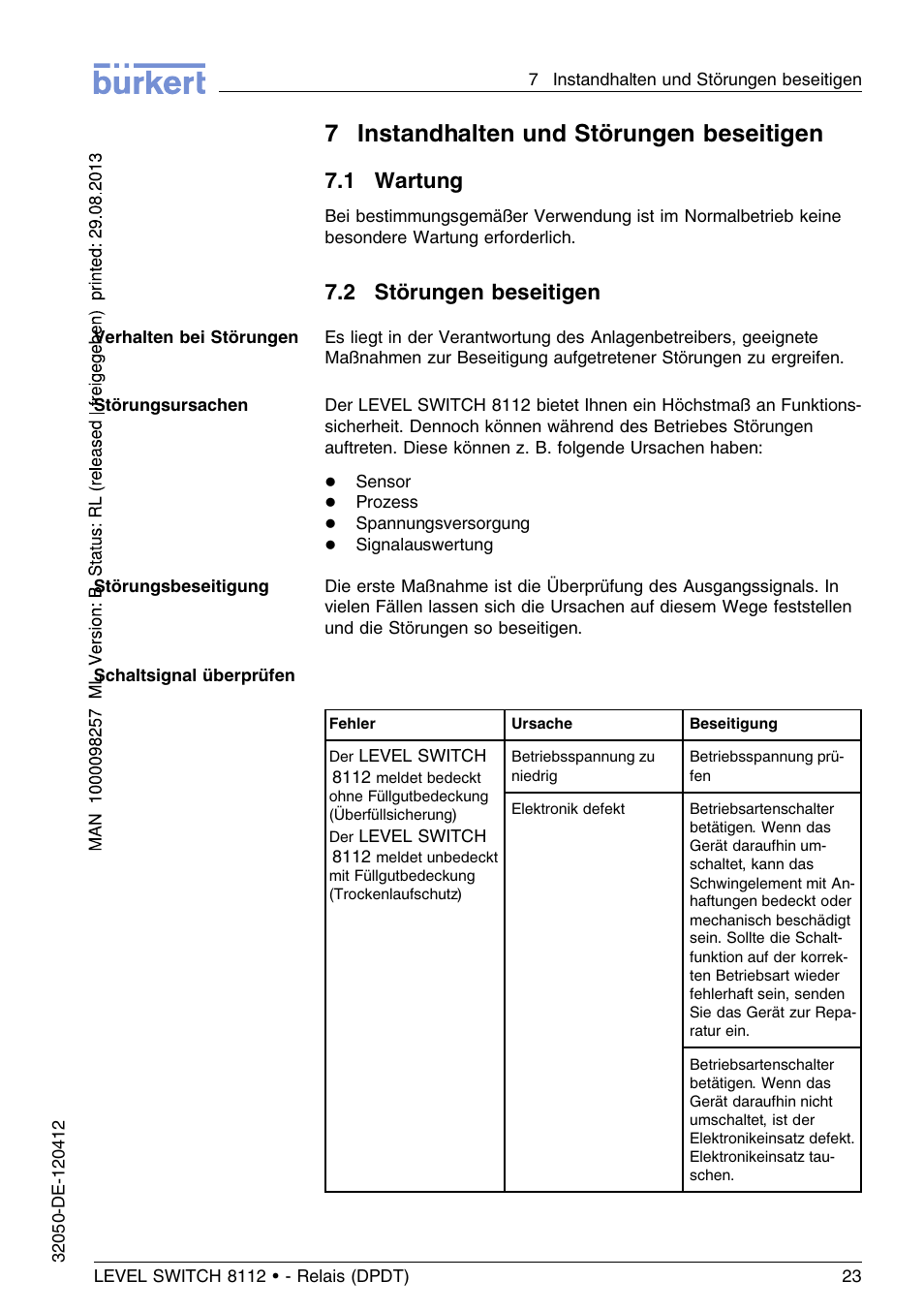 7 instandhalten und störungen beseitigen, 1 wartung, 2 störungen beseitigen | 7instandhalten und störungen beseitigen | Burkert Type 8112 User Manual | Page 59 / 116