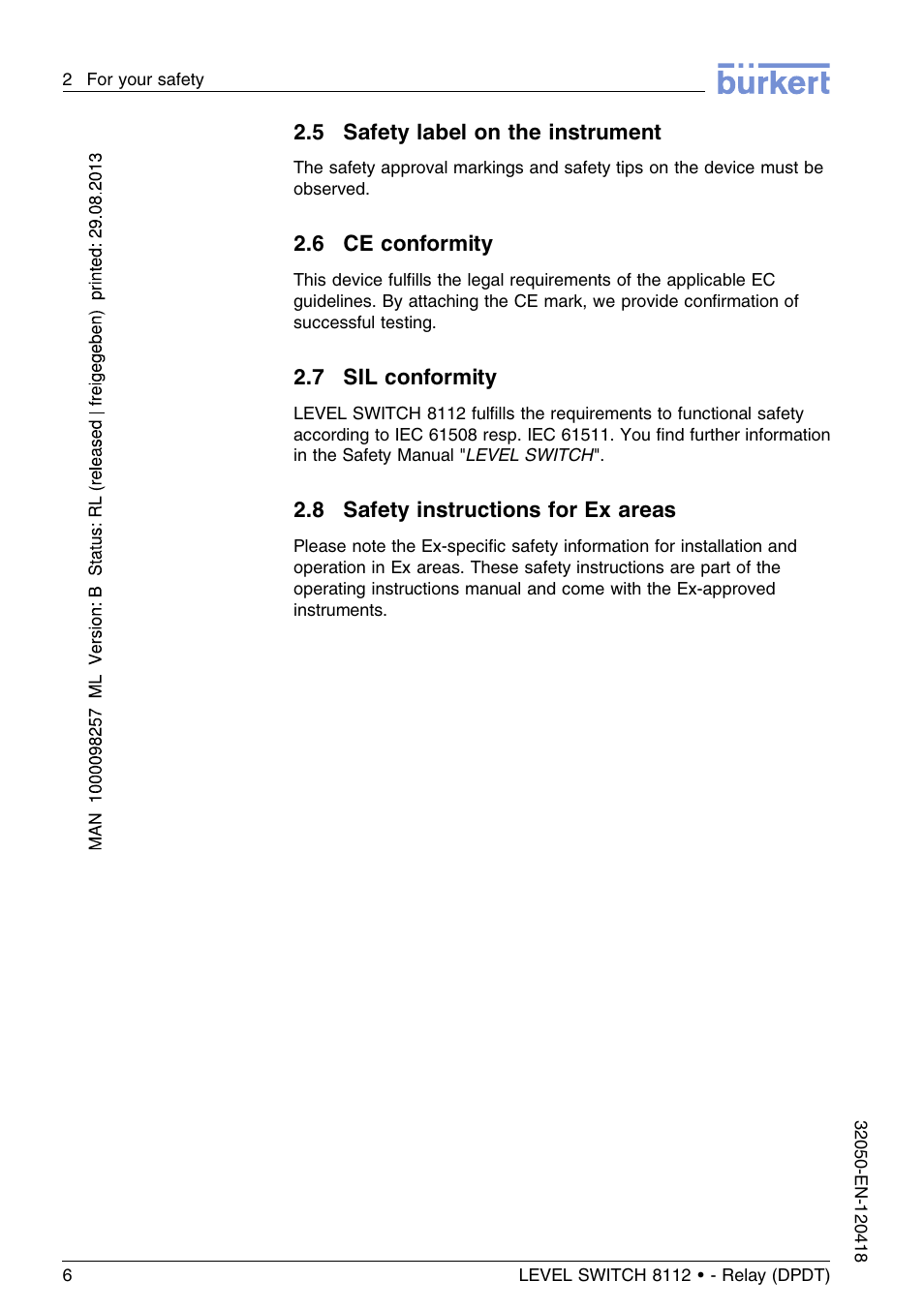 5 safety label on the instrument, 6 ce conformity, 7 sil conformity | 8 safety instructions for ex areas | Burkert Type 8112 User Manual | Page 6 / 116