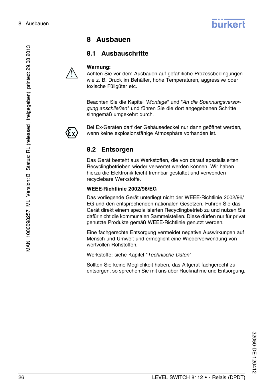 8 ausbauen, 1 ausbauschritte, 2 entsorgen | 8ausbauen | Burkert Type 8112 User Manual | Page 62 / 116