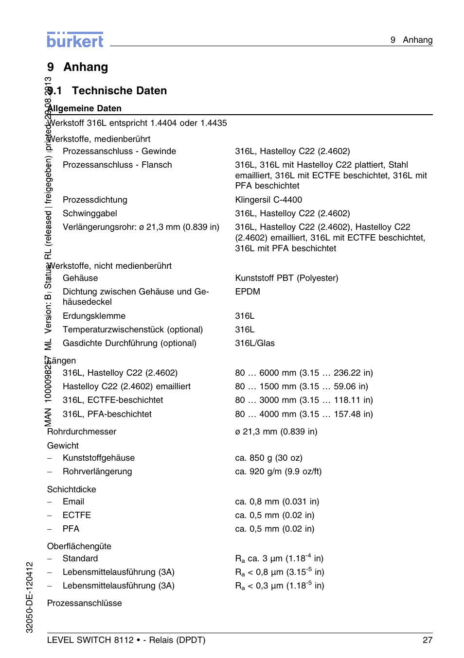 9 anhang, 1 technische daten, 9anhang | Burkert Type 8112 User Manual | Page 63 / 116