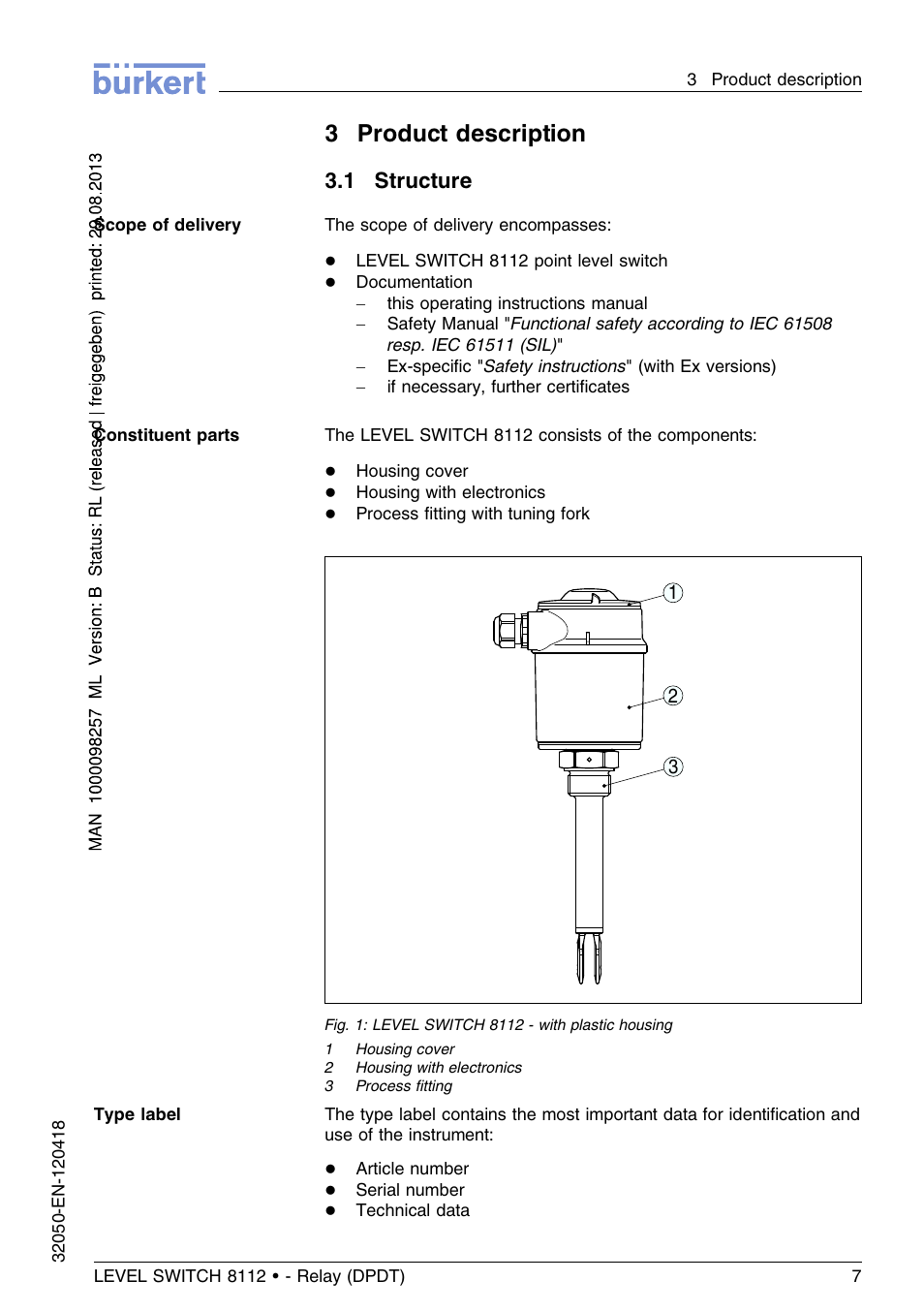 3 product description, 1 structure, 3product description | Burkert Type 8112 User Manual | Page 7 / 116