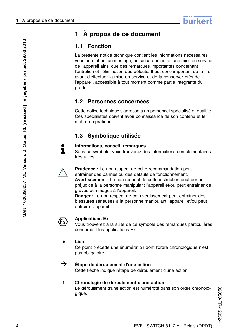 1 fonction, 2 personnes concernées, 3 symbolique utilisée | 1à propos de ce document | Burkert Type 8112 User Manual | Page 80 / 116