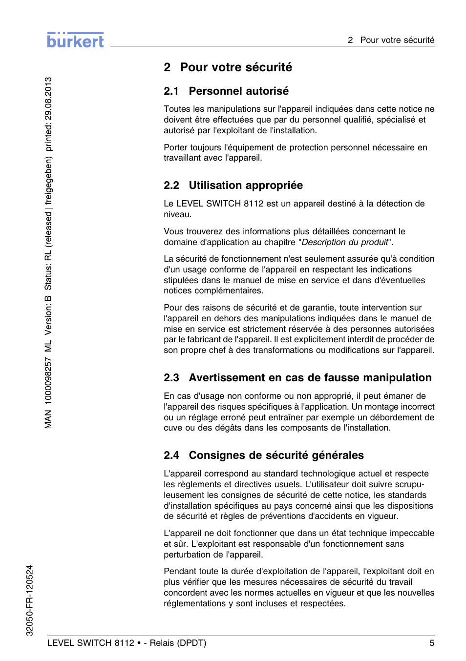 2 pour votre sécurité, 1 personnel autorisé, 2 utilisation appropriée | 3 avertissement en cas de fausse manipulation, 4 consignes de sécurité générales, 2pour votre sécurité | Burkert Type 8112 User Manual | Page 81 / 116