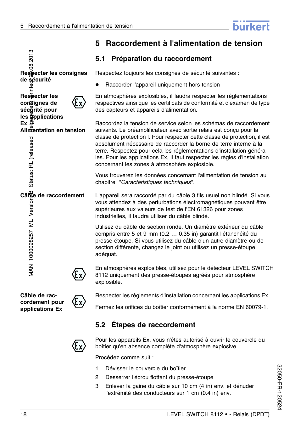 5 raccordement à l'alimentation de tension, 1 préparation du raccordement, 2 étapes de raccordement | 5raccordement à l'alimentation de tension | Burkert Type 8112 User Manual | Page 94 / 116