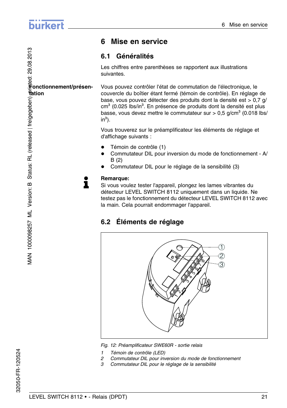 6 mise en service, 1 généralités, 2 éléments de réglage | 6mise en service | Burkert Type 8112 User Manual | Page 97 / 116