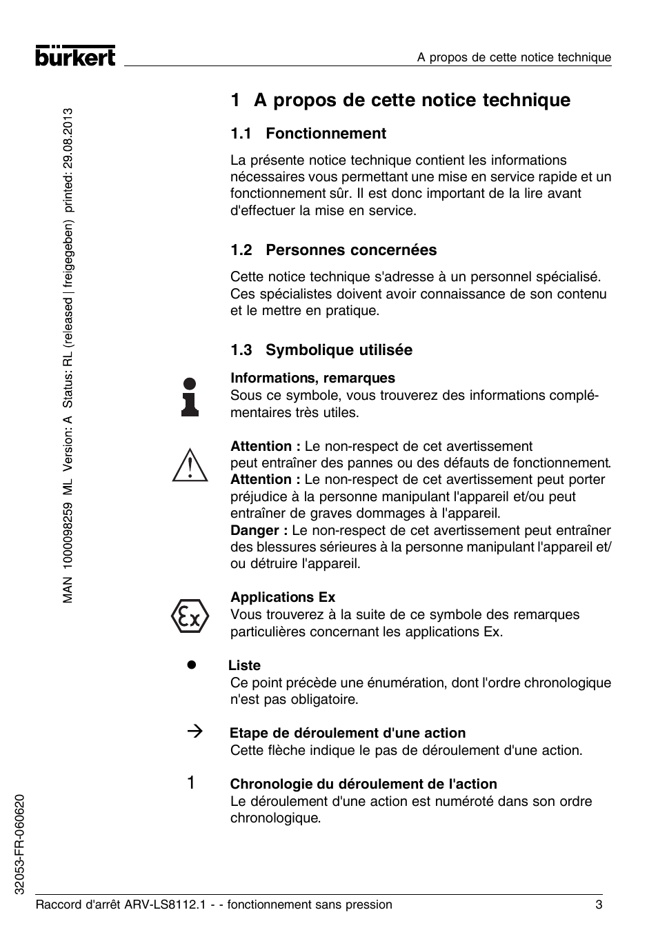 1 a propos de cette notice technique, 1 fonctionnement, 2 personnes concernées | 3 symbolique utilisée | Burkert Type 8112 User Manual | Page 15 / 36