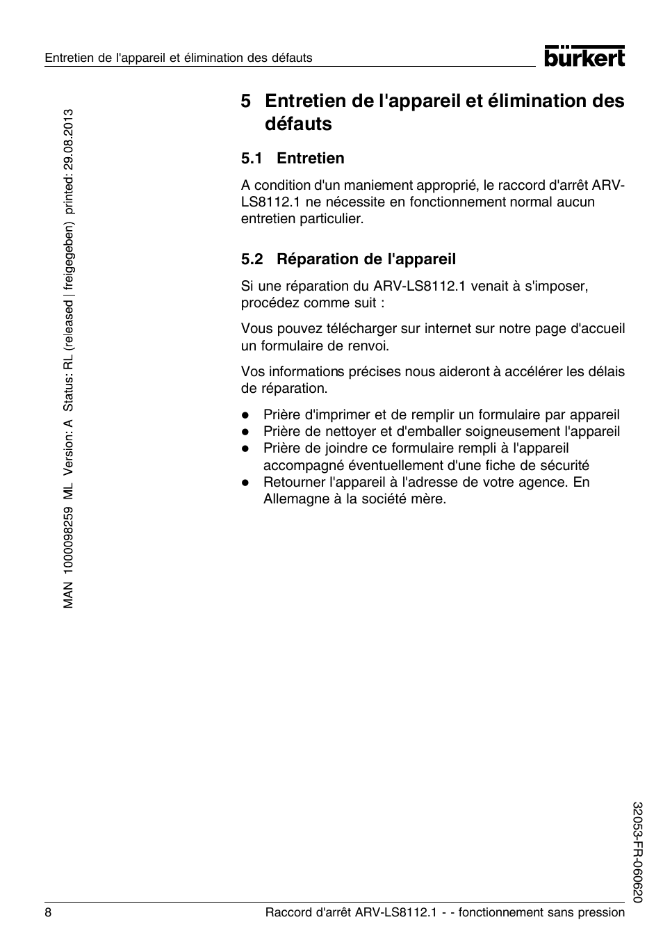 1 entretien, 2 réparation de l'appareil | Burkert Type 8112 User Manual | Page 20 / 36