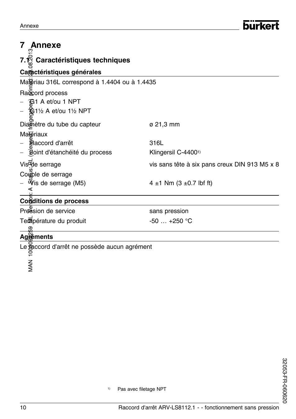 7 annexe, 1 caractéristiques techniques | Burkert Type 8112 User Manual | Page 22 / 36