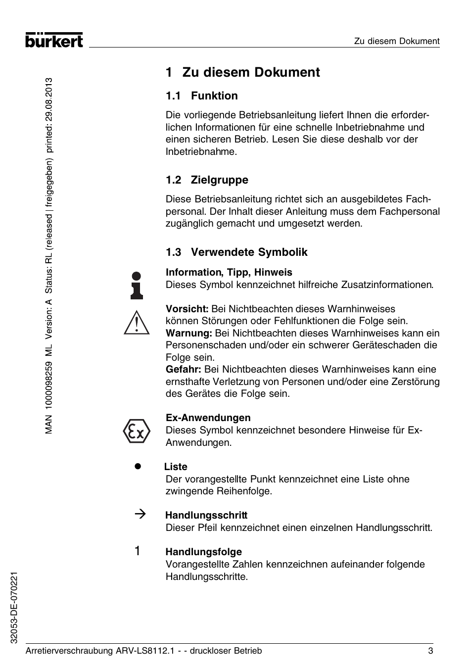 1 zu diesem dokument, 1 funktion, 2 zielgruppe | 3 verwendete symbolik | Burkert Type 8112 User Manual | Page 27 / 36