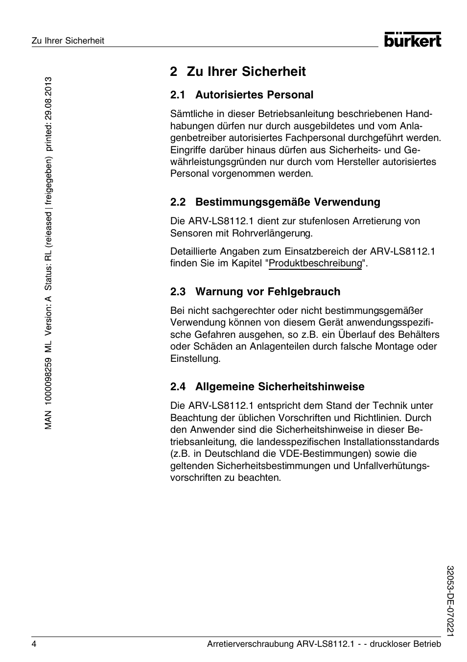 2 zu ihrer sicherheit, 1 autorisiertes personal, 2 bestimmungsgemäße verwendung | 3 warnung vor fehlgebrauch, 4 allgemeine sicherheitshinweise | Burkert Type 8112 User Manual | Page 28 / 36
